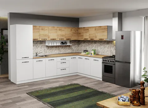 Mobila Bucatarie pe colt alba cu lemn Aroma - 38 - 320x200 cm