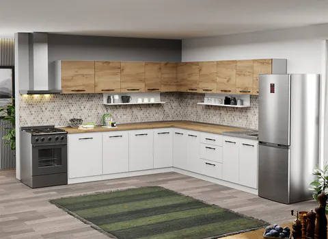 Mobila Bucatarie pe colt alba cu lemn Aroma - 44 - 260x280 cm