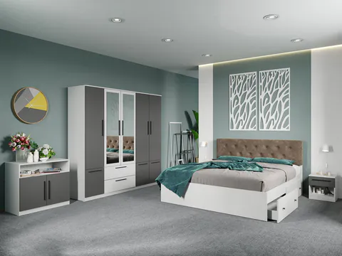Set dormitor complet Alb-Gri cu comoda - Madrid - C116