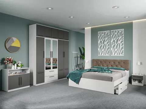 Set dormitor complet Alb-Gri cu comoda - Madrid - C120