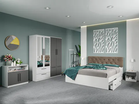 Set dormitor complet Alb-Gri cu comoda - Madrid - C108