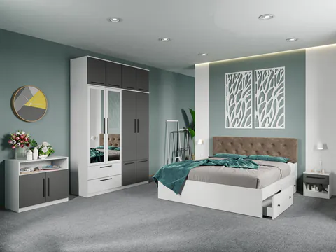 Set dormitor complet Alb-Gri cu comoda - Madrid - C112