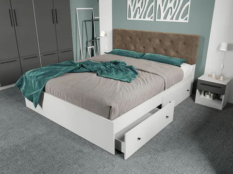 Pat Alb cu tapiterie Maro - Madrid 180x200 1 Set ( 2 sertare )