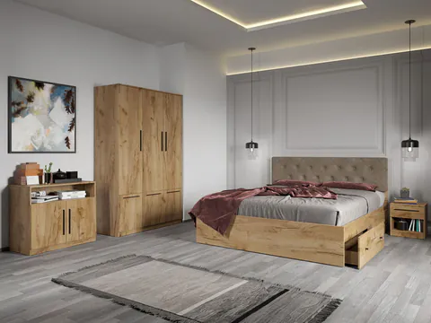 Set dormitor complet Stejar Auriu cu comoda - Madrid - C02