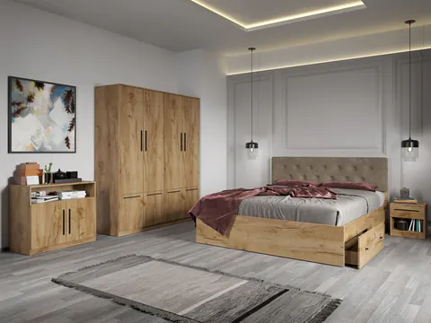 Set dormitor complet Stejar Auriu cu comoda - Madrid - C10