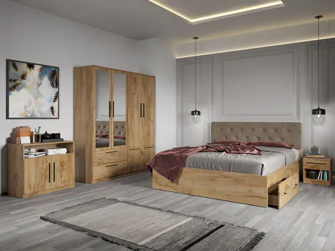 Set dormitor complet Stejar Auriu cu comoda - Madrid - C12