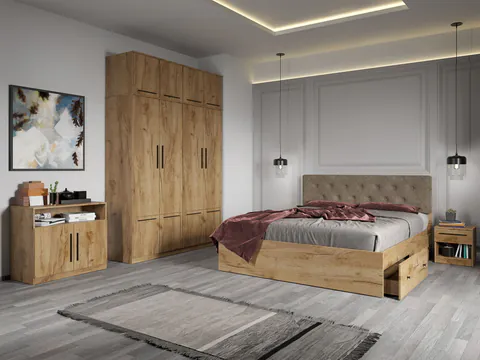 Set dormitor complet Stejar Auriu cu comoda - Madrid - C14