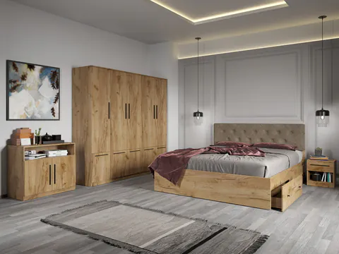 Set dormitor complet Stejar Auriu cu comoda - Madrid - C18