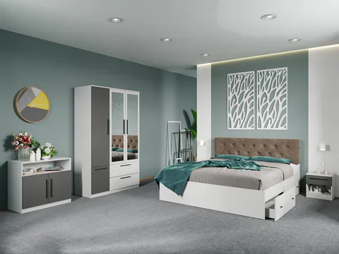 Set dormitor complet Alb-Gri cu comoda - Madrid - C100