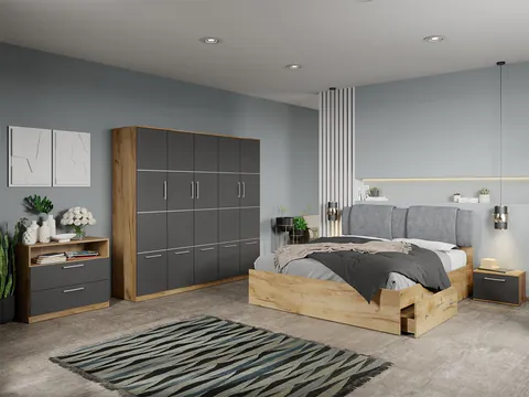 Set dormitor complet Stejar Auriu-Gri cu comoda - Acapulco - C70