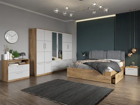 Set dormitor complet Alb-Stejar cu comoda - Acapulco - C56