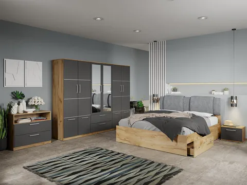 Set dormitor complet Stejar Auriu-Gri cu comoda - Acapulco - C76