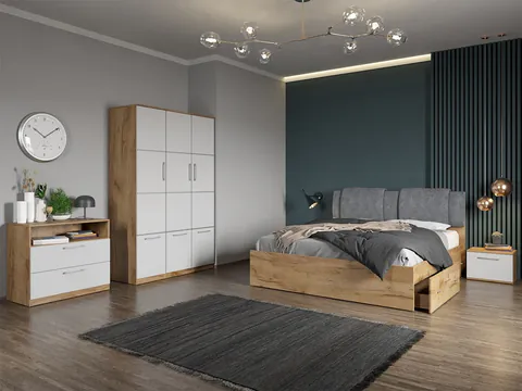 Set dormitor complet Alb-Stejar cu comoda - Acapulco - C42