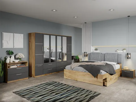 Set dormitor complet Stejar Auriu-Gri cu comoda - Acapulco - C80