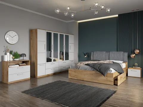 Set dormitor complet Alb-Stejar cu comoda - Acapulco - C60