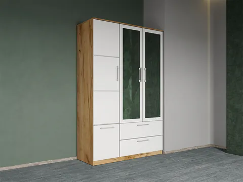 Dulap dormitor Alb-Stejar Auriu 3U cu oglinda - Acapulco