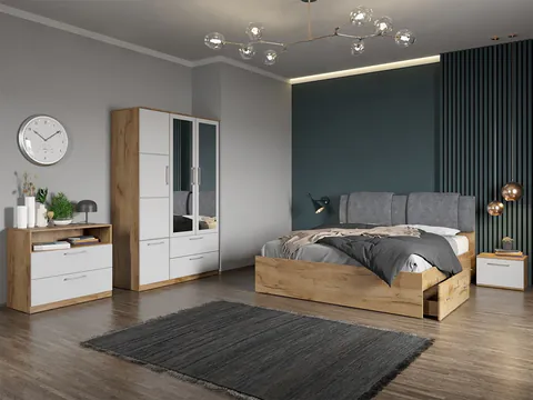 Set dormitor complet Alb-Stejar cu comoda- Acapulco - C44