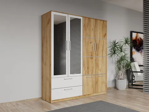 Dulap dormitor Stejar Auriu-alb 4U cu oglinda - Acapulco