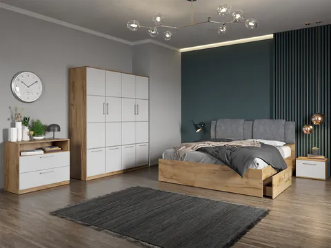 Set dormitor complet Alb-Stejar cu comoda - Acapulco - C46