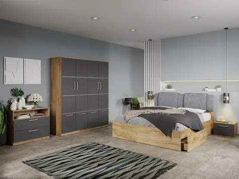 Set dormitor complet Stejar Auriu-Gri cu comoda - Acapulco - C66
