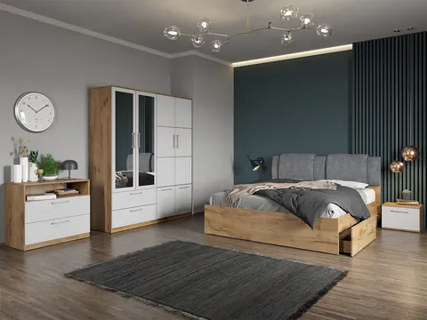 Set dormitor complet Alb-Stejar cu comoda - Acapulco - C48