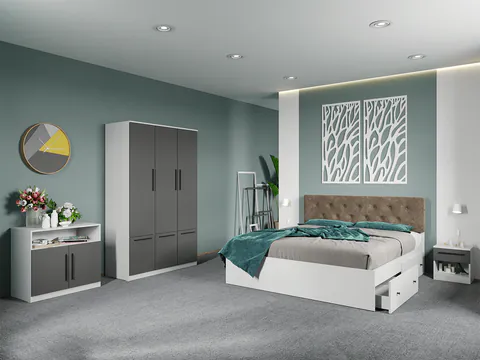 Set dormitor complet Alb-Gri cu comoda - Madrid - C98