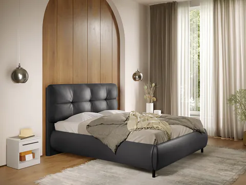 Pat Tapitat cu somiera fixa - Piele Neagra - Ramses 140x200