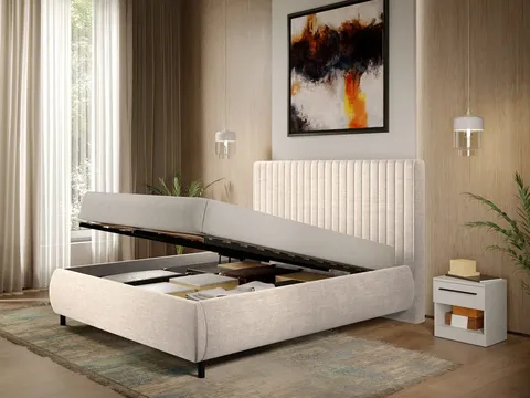 Pat Tapitat cu somiera rabatabila - Stofa Bej - Line 180x200