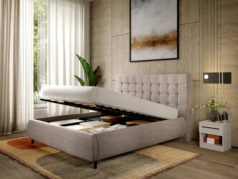 Pat Tapitat cu somiera rabatabila - Stofa Bej - Velvet 140x200