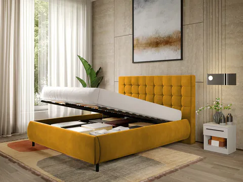 Pat Tapitat cu somiera rabatabila - Catifea Aurie - Velvet 180x200