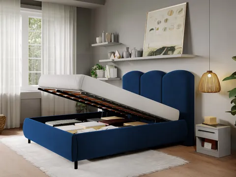 Pat Tapitat cu somiera rabatabila - Catifea Albastra - Nero 180x200