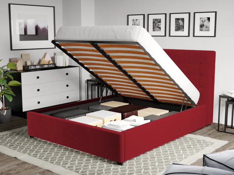 Pat Tapitat pentru saltea de 190 Rivo rabatabil cu lada Rosu inchis Velluto 7 180x190