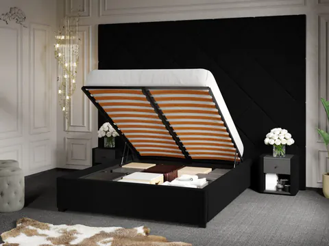 Pat Tapitat cu Panou 305x228 C3 Dubai pentru saltea de 190 rabatabil cu lada Negru - Velluto 20 180x190