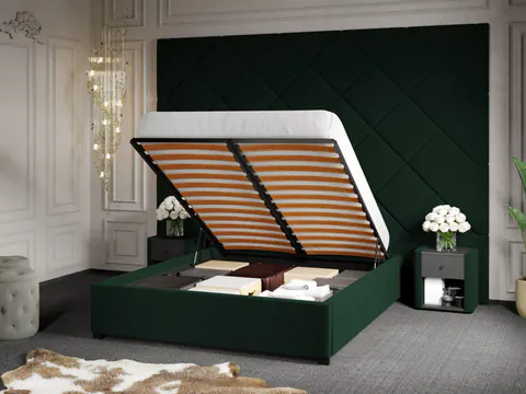 Pat Tapitat cu Panou 305x228 C3 Dubai pentru saltea de 190 rabatabil cu lada Verde Inchis - Velluto 27 160x190