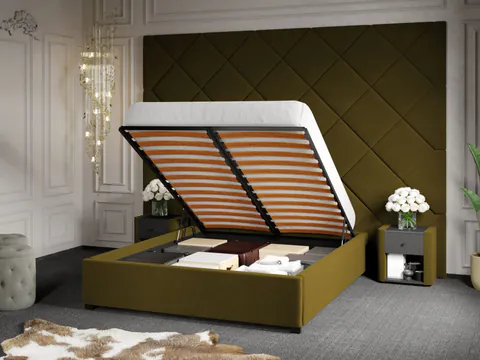 Pat Tapitat cu Panou 305x228 C3 Dubai pentru saltea de 190 rabatabil cu lada Verde - Velluto 35 180x190