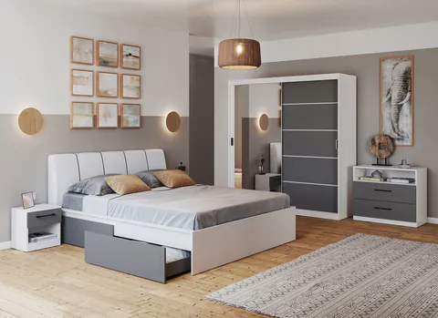 Set dormitor gri cu alb pat tapitat - Pablo - Configuratia 3