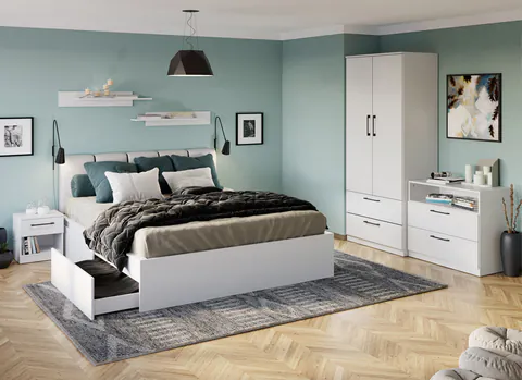 Set mobila dormitor alb pat tapitat - Adam 1