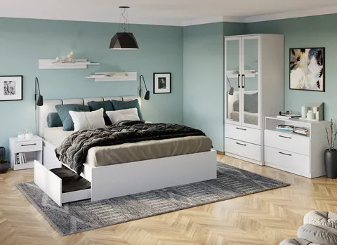 Set mobila dormitor alb pat tapitat - Adam 3