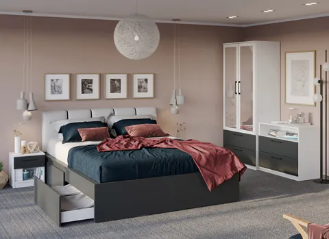 Set Dormitor alb cu gri- Mara -Pat tapitat - Configuratia 2