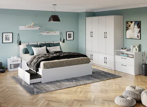 Set mobila dormitor alb pat tapitat - Adam 6