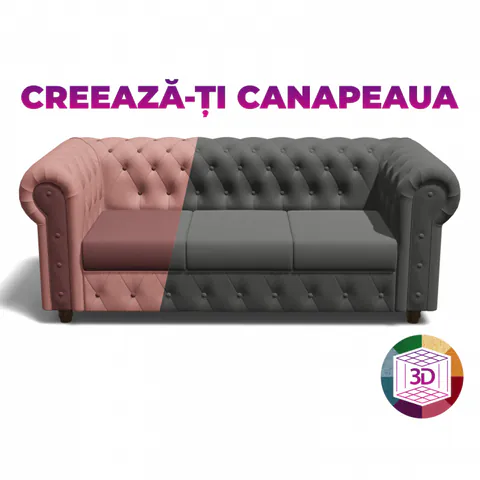 Canapea CHESTERFIELD fixa, 3 locuri, cu arcuri, 205x90x80 cm, Configurator 3D