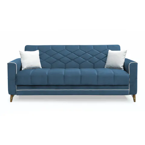 Canapea extensibila ALICE ONE, 3 locuri, cu arcuri si lada pentru depozitare, albastru + crem, 225x85x85 cm