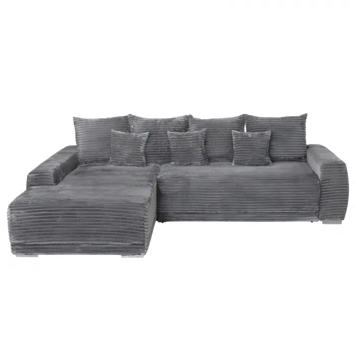 Coltar MARIBO L TILIA extensibil, cu arcuri si lada depozitare, colt stanga, gri inchis, 282x205x92 cm