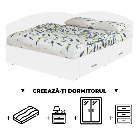 Creeaza-ti Dormitorul ALMA, alb, de la Pat Colt 160x200 cm, cu 2 sertare laterale pe role, adauga Saltea, Noptiere, Comoda, Dulap