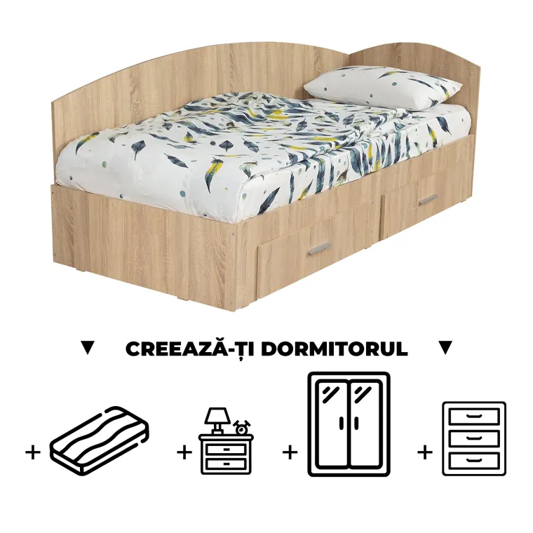 Creeaza-ti Dormitorul ALMA, sonoma deschis, de la Pat Colt Alma 120x200 cm, cu 2 sertare laterale pe role, adauga Saltea, Noptiere, Comoda, Dulap