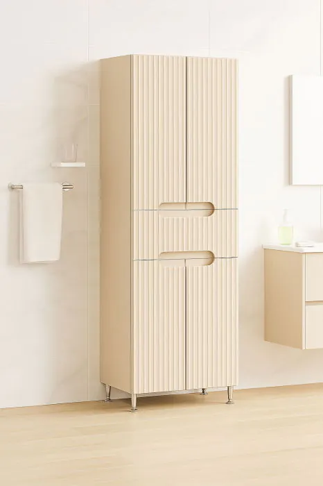 Dulap baie seria 033, front MDF, 4 usi, 1 sertar, crem, 60x31.6x166 cm