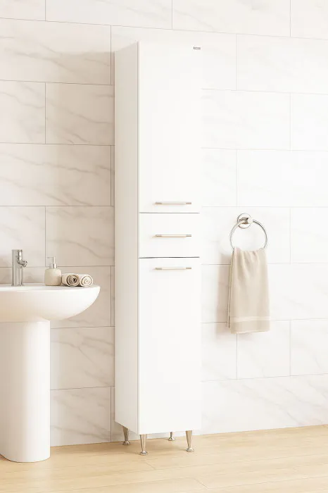 Dulap baie seria 010, front MDF, 2 usi, 1 sertar, montat, alb, 30x31.6x180 cm