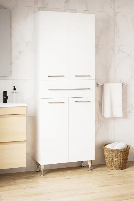 Dulap baie seria 005, front MDF, 4 usi, 1 sertar, montat, alb, 60x31.6x166 cm