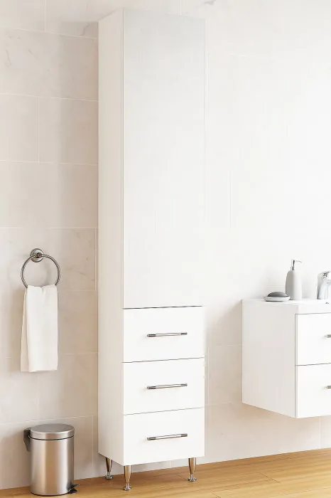 Dulap baie seria 009, front MDF, oglinda, 1 usa, 3 sertare, alb, 35.8x31.6x180 cm