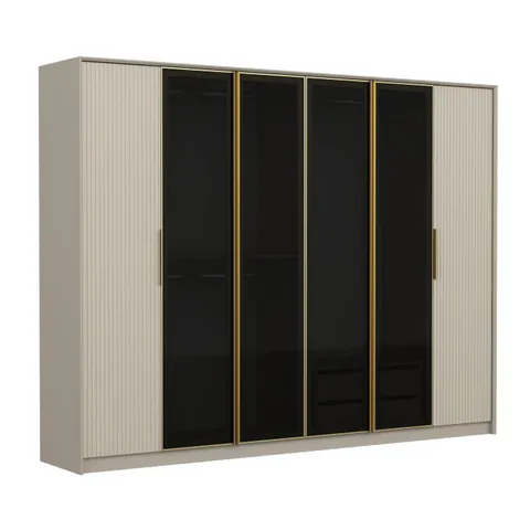 Dulap LUXE, 6 usi, alb + auriu + geam fumuriu, 274x52x210 cm